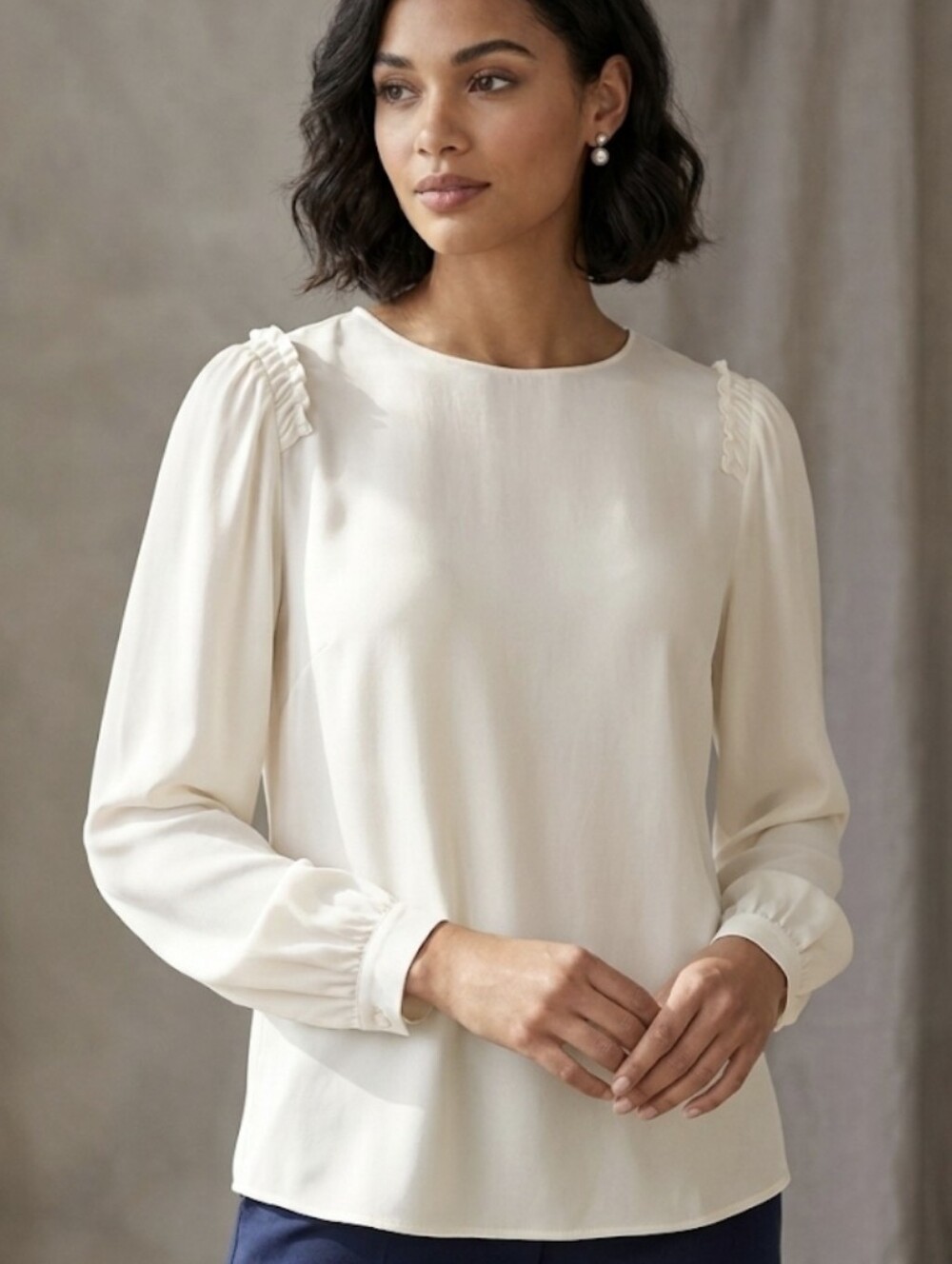 Lafayette 148 New York 100% Silk Ruffle Shoulder Blouse Ivory Cream Size 1X